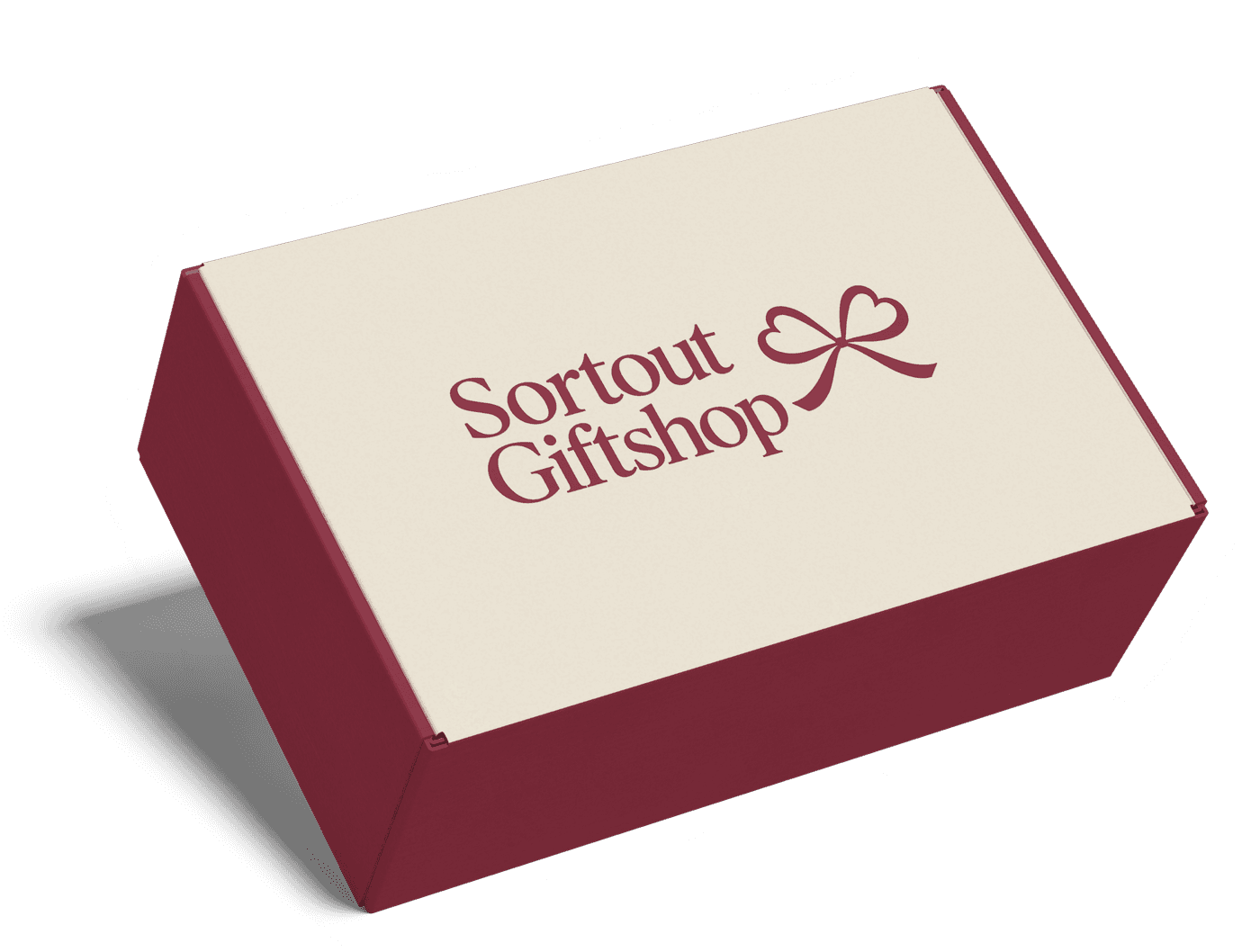 A cream and burgundy Sortout Giftshop gift box with the bow logo on the lid